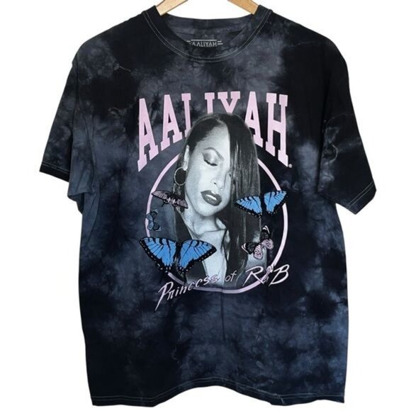Aaliyah Womens Graphic Tie-Dye T-Shirt Princess Of R&B Blue Butterflies Large - Picture 1 of 5